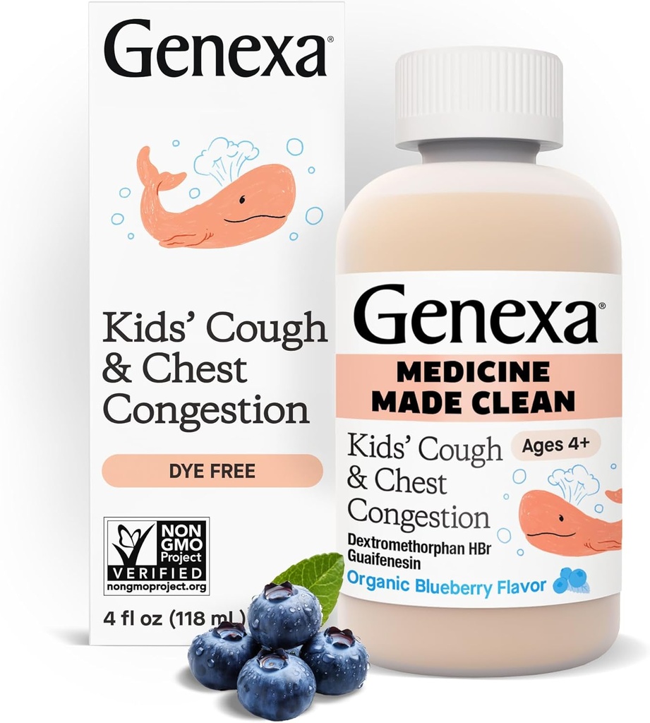 Genexa Kids’ Clean Cough & Chest Congestion Medicine, Dye Free, 0% Artificial Additives, Multi-Symptom Cough Syrup for Kids 4-11, Cough Suppressant & Expectorant, Organic Blueberry Flavor, 4 fl oz