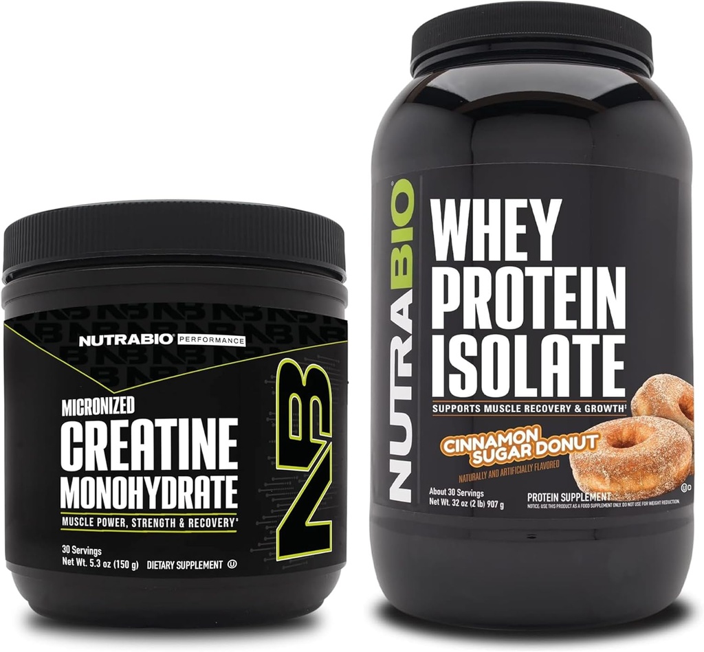 NutraBio Créatine monohydraté, non aromatisé, Isolate de protéines de 150g et de lactosérum, Donut de sucre de cannelle, supplément - énergie musculaire, croissance musculaire maigre, récupération et force