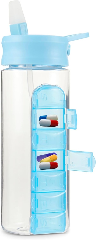 MARS WELLNESS 24 Unze Wasserflasche mit Schiebe-Kissen-Box, Tägliche Organizer - 7 Tage Medizin Halter, Einfache Ausrutschen Pillen Container, Popup-Stroh für Hydration