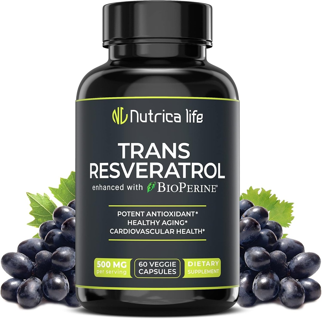 Trans Resveratrol Ergänzung 500mg Potent Anti-Aging-Formel, Leistungsstarkes Antioxidans für Herz- und Zellgesundheit, Brain Booster Ergänzungen mit Bioperine, 60 Vegan Caps