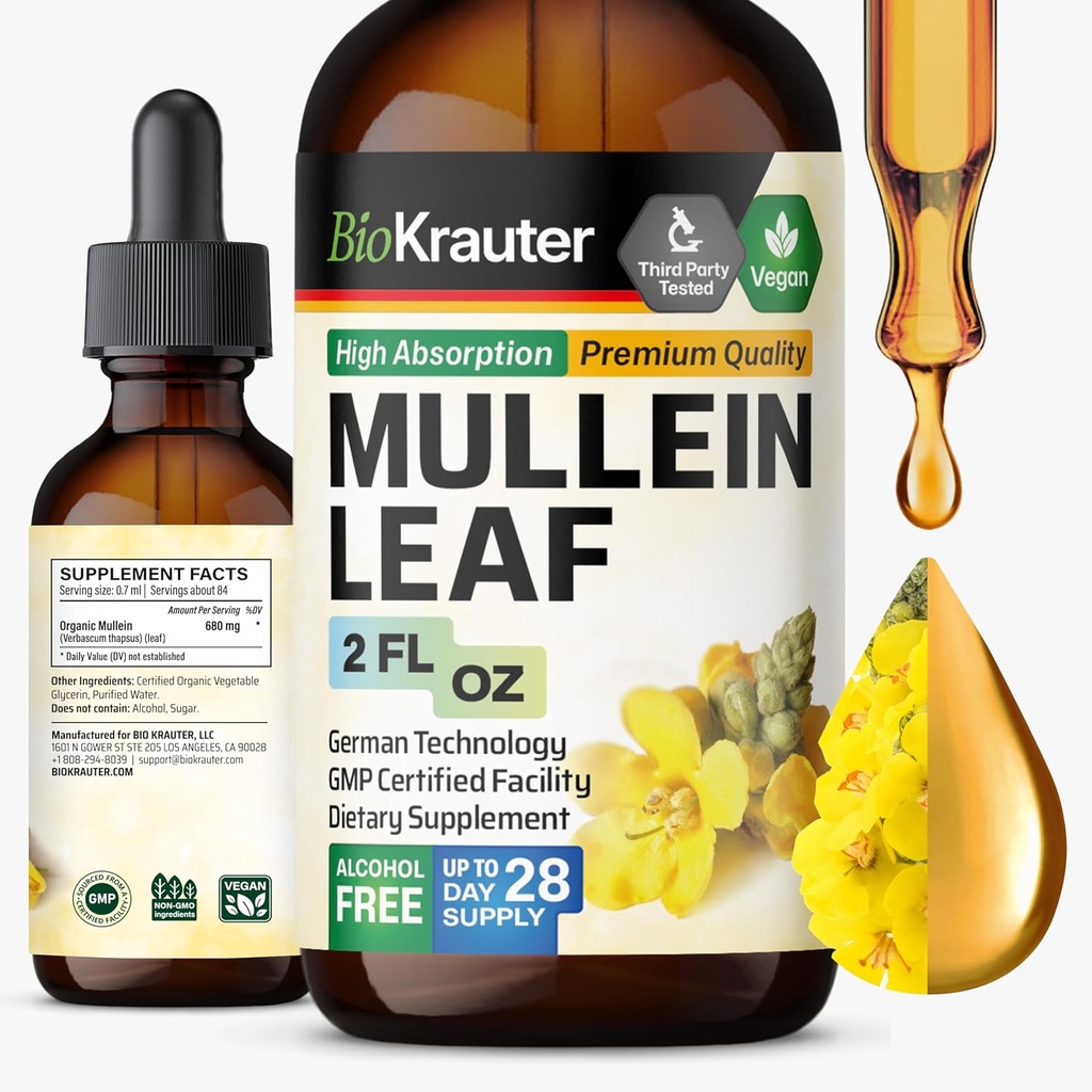 BIO KRAUTER Mullein Leaf Extract for Lungs 2 Fl. Oz - 28 jours d'approvisionnement - gouttes de Mullein pures pour le nettoyage pulmonaire et la désintoxication - suppléments respiratoires végétaliens - non-OGM, sans sucre et alcool