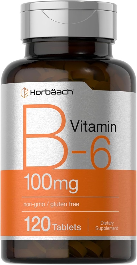 Horbaach Vitamin B6 100mg | 120 Vegetarian Tablets Pyridoxine HCl | Non-GMO & Gluten Free Supplement