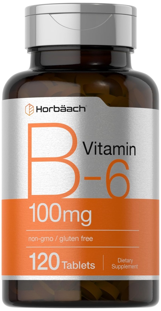 Horbaach Vitamin B6 100mg | 120 Vegetarische Tabletten Pyridoxin HCI | Non-GMO & Gluten kostenlose Ergänzung