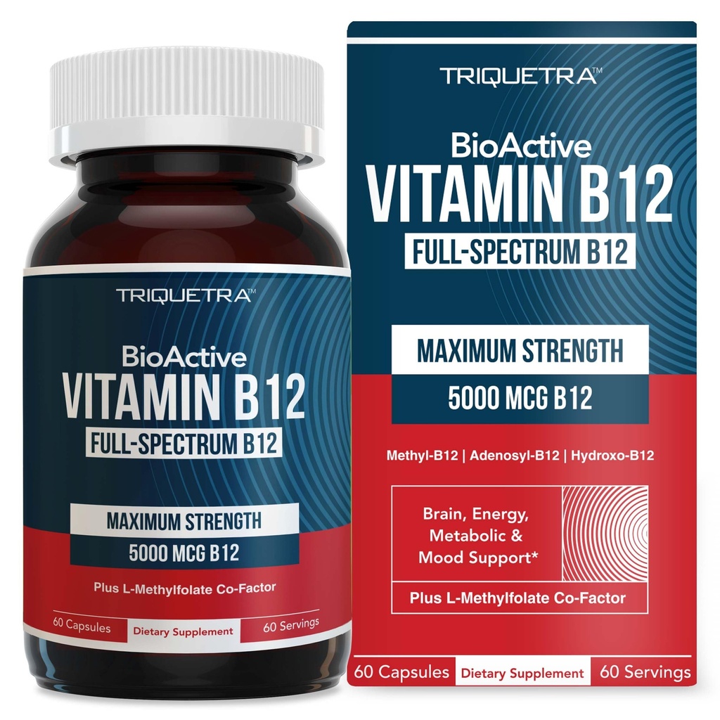 Vitamine bioactive B12 - 5000 mcg, contient 3 formes bioactives B12 Plus Cofacteur méthylfolié - Méthyl B12, Adenosyl B12 et Hydroxy B12 , supporte l'énergie, le métabolisme et l'humeur , Vegan, non-OGM (60 portions)