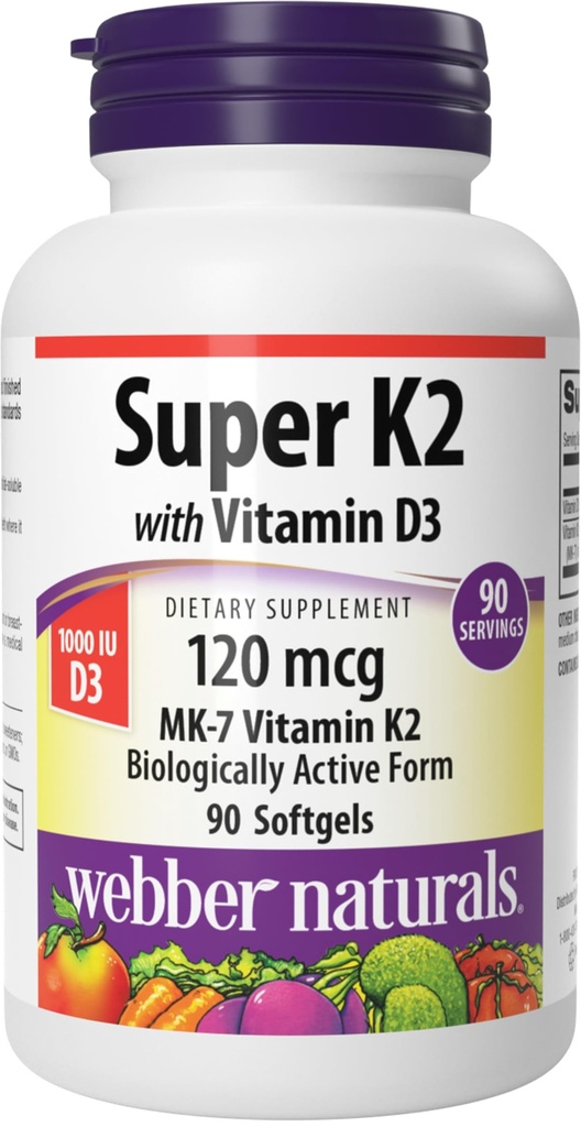 Webber Naturals Super Vitamin K2 MK-7 120 mcg mit Vitamin D3, 90 Softgels, unterstützt Knochen, Zähne und Herz-Kreislauf-System