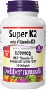 Webber Naturals Super Vitamine K2 MK-7 120 mcg avec vitamine D3, 90 Softgels, soutient les os, les dents et le système cardiovasculaire