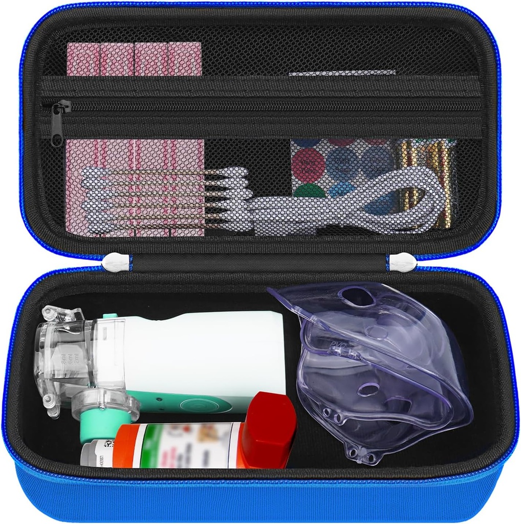 HESTECH Hard Travel Carrying Case für Asthma Inhaler für Inhaler Spacer, Maske, Inhaler Holder Asthma Tasche mit Mesh Pocket für Saline Solution und andere Essentials, Blau (Sache Only)
