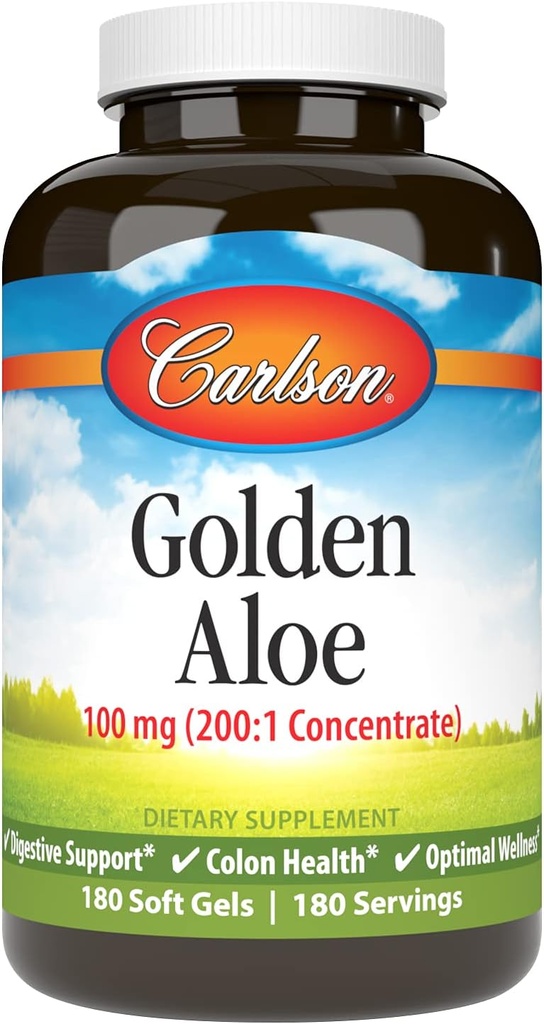 Carlson - Golden Aloe, 100 mg (200:1 Konzentrat), Verdauungsunterstützung & Colon Gesundheit, Optimale Wellness, 180 Softgels