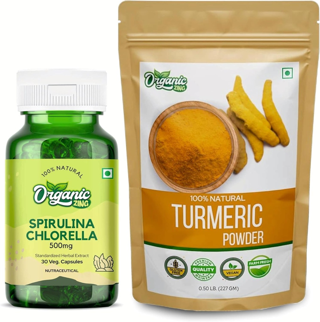ORGANISCHE ZING Spirulina Chlorella- 30Cap & Turmeric Powder- 227g