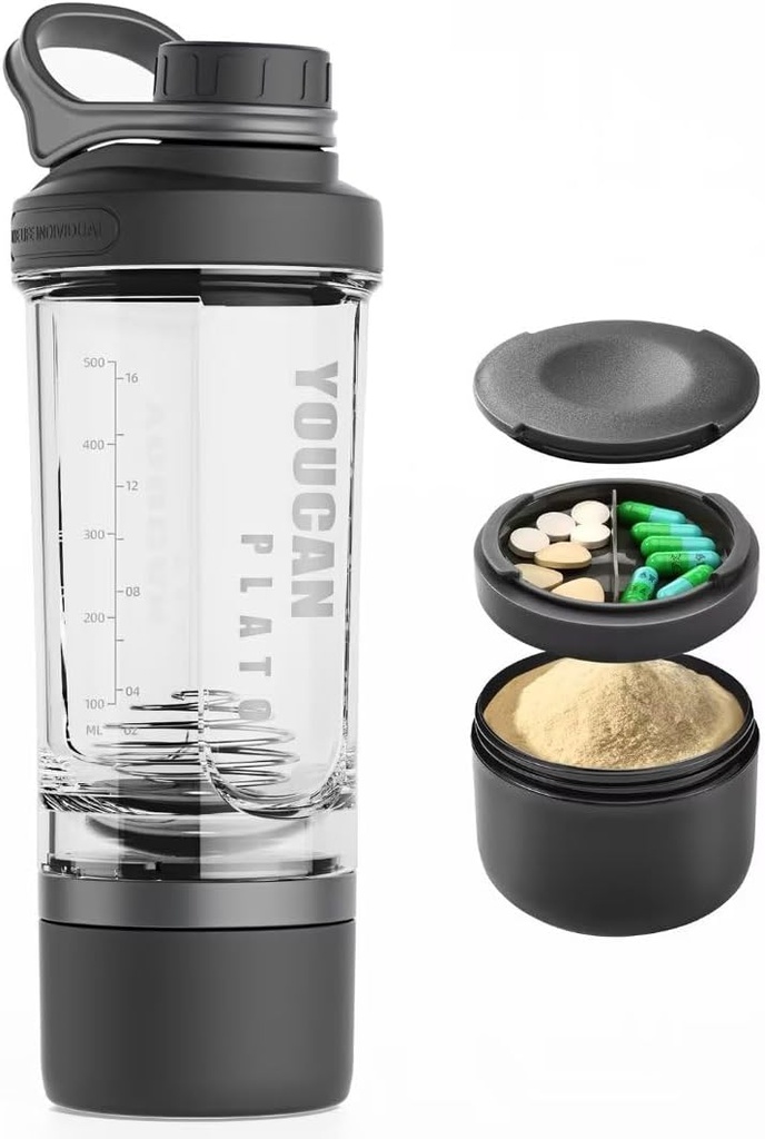 21oz Protein Shaker Bottle mit Powder Storage Container-Shaker Cups für Protein Shakes-pre Workout-Flasche-Mixer Cup-Gym Sport Water Bottle -Made with Tritan BPA Free, with Wire Whisk Balls (Schwarz)