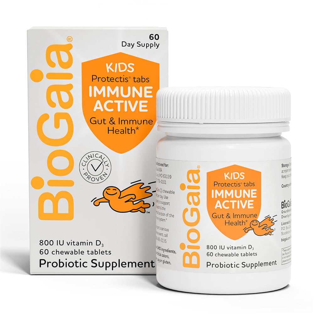 BioGaia Immune Active Kids | Probiotic + Vitamin D | für Verdauungs- und Immungesundheit | Alter 3+ | Allergen, Dairy, Soy & Gluten Free | Trusted by Pediatricians | 60 Day Supply | Orange Flavored Chewable