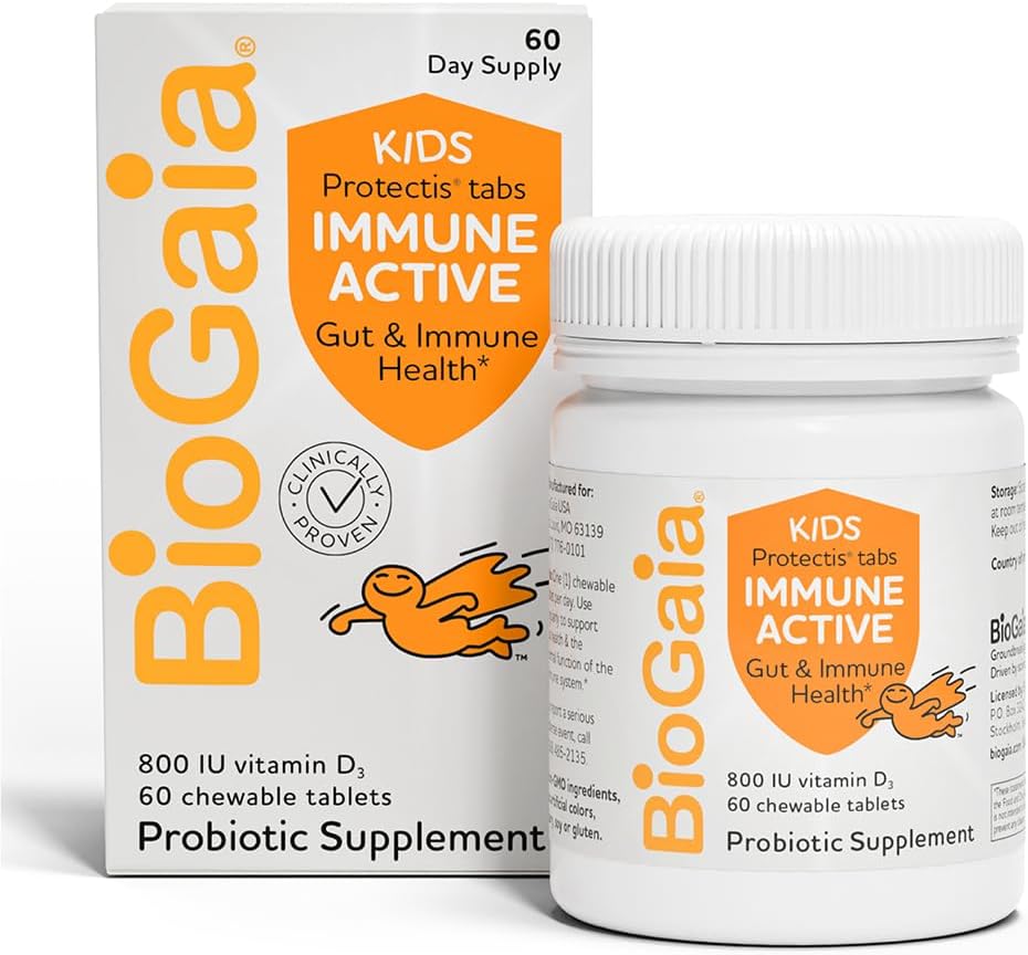 BioGaia Immune Active Kids | Probiotic + Vitamin D | für Verdauungs- und Immungesundheit | Alter 3+ | Allergen, Dairy, Soy & Gluten Free | Trusted by Pediatricians | 60 Day Supply | Orange Flavored Chewable