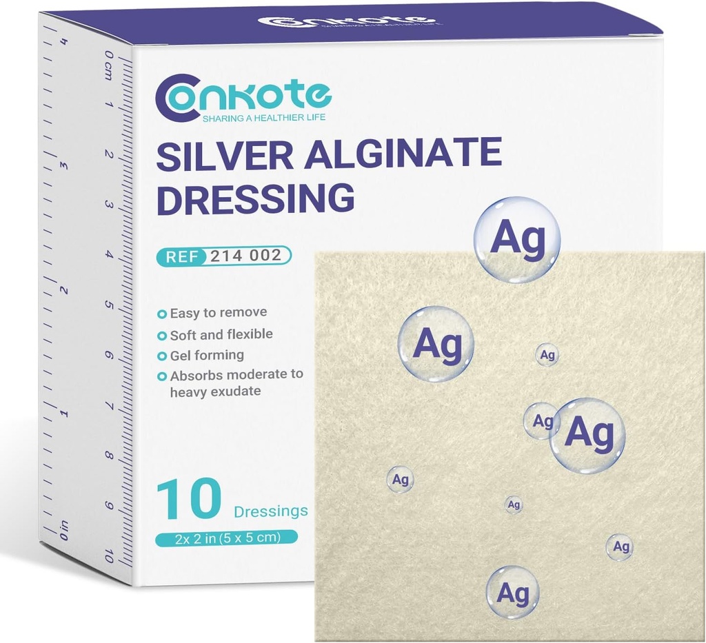 Conkote Silber Alginate Wound Dressing Pads 2” x 2”, 10 Pack, Anti-Stick Padding Ag Patches, hoch absorbierend für Druck Ulcer, Bed Sore und Diabetic Foot Ulcer