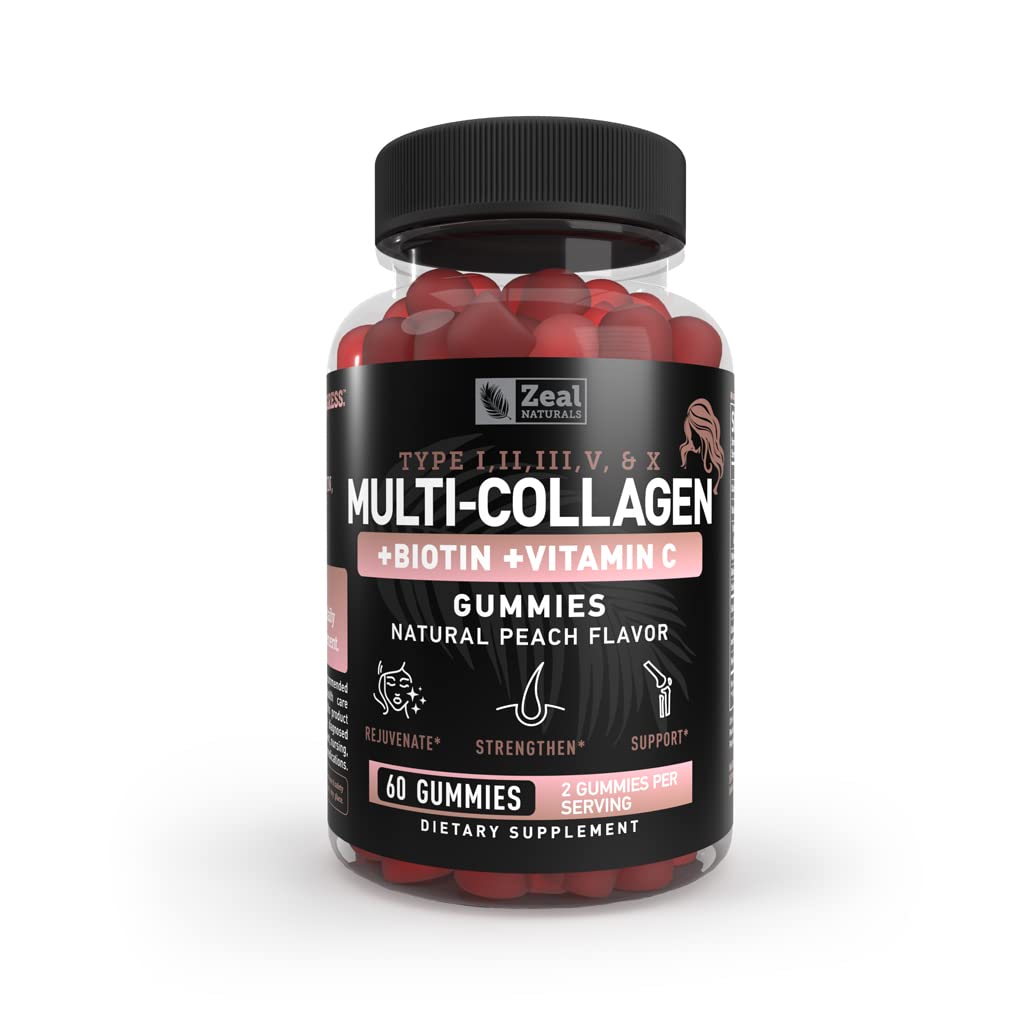 Multi Collagen Peptide Gummie (1, 2, 3, 5 & 10) + Vitamin C + Biotin + Hyaluronsäure | Unterstützt gesundes Haar, Haut und Nägel | Non-GMO und Glutenfreies | Natürliches Peach Flavor | 60 Gummie
