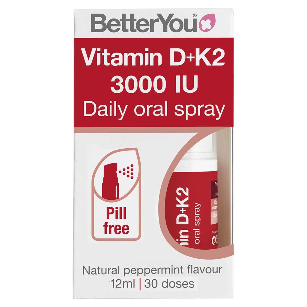 BetterYou D3000 und K2 Vitamin D Daily Oral Spray - Bequeme Alternative für Tablets - Unterstützt Knochengesundheit und Boost Immunsystem - Verhindert Blutgerinnung - Natürliche Pfefferminzflamme - 0.4 oz