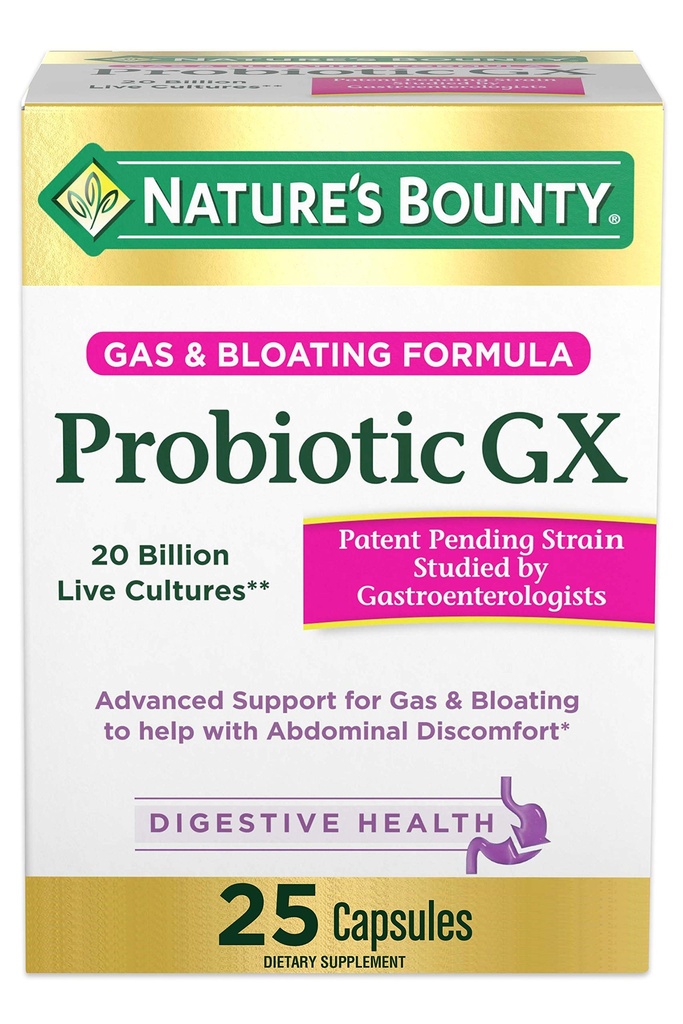 Natur Bounty Probiotische GX, hilft mit gelegentlichem Gas und Blähungen, Nahrungsergänzungsmittel, Verdauungsgesundheit, 25 Kapseln