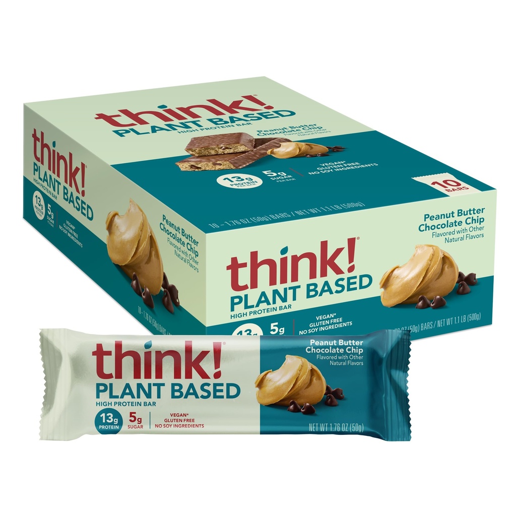 Réfléchis ! Barres à haute teneur en protéines à base de végétalien/plante - croustilles de chocolat au beurre d'arachide, 13g de protéines, 5g de sucre, pas d'édulcorants artificiels, projet non OGM vérifié, 10 compte (paquetage mai vary)