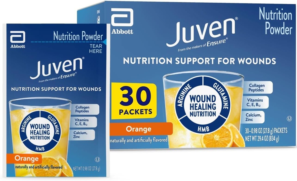 Juven Therapeutic Nutrition Drink Powder Including Collagen Peptides, Amino Acids, and HMB for Wound Healing Support, Orange, 30 Packets