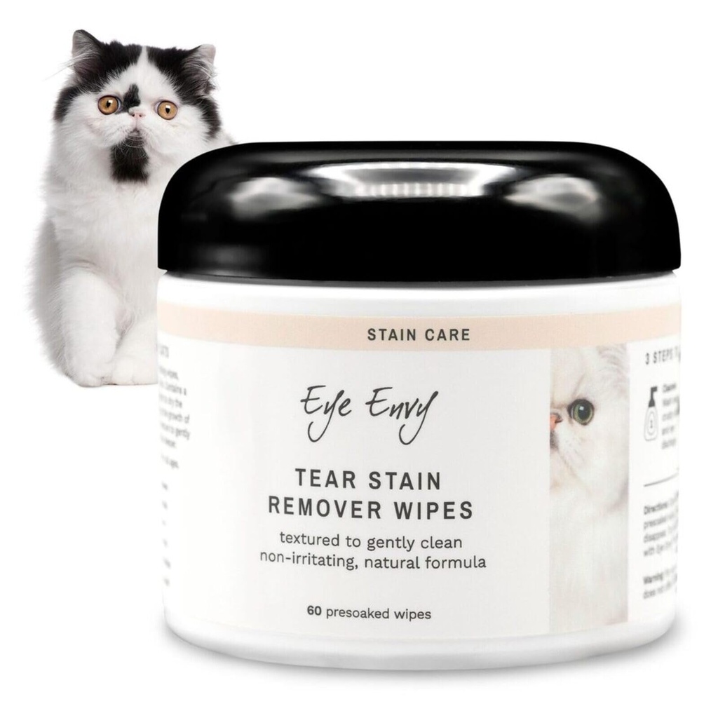 Envy yeux tacher les Wipes pour chats. Texturé à nettoyer doucement, traite la cause de la teinture. Formule 100% naturelle. Recommandé par Persan & Exotic Breeders, Vets, Groomers. USA Made. 60 Wipes pour yeux de chat