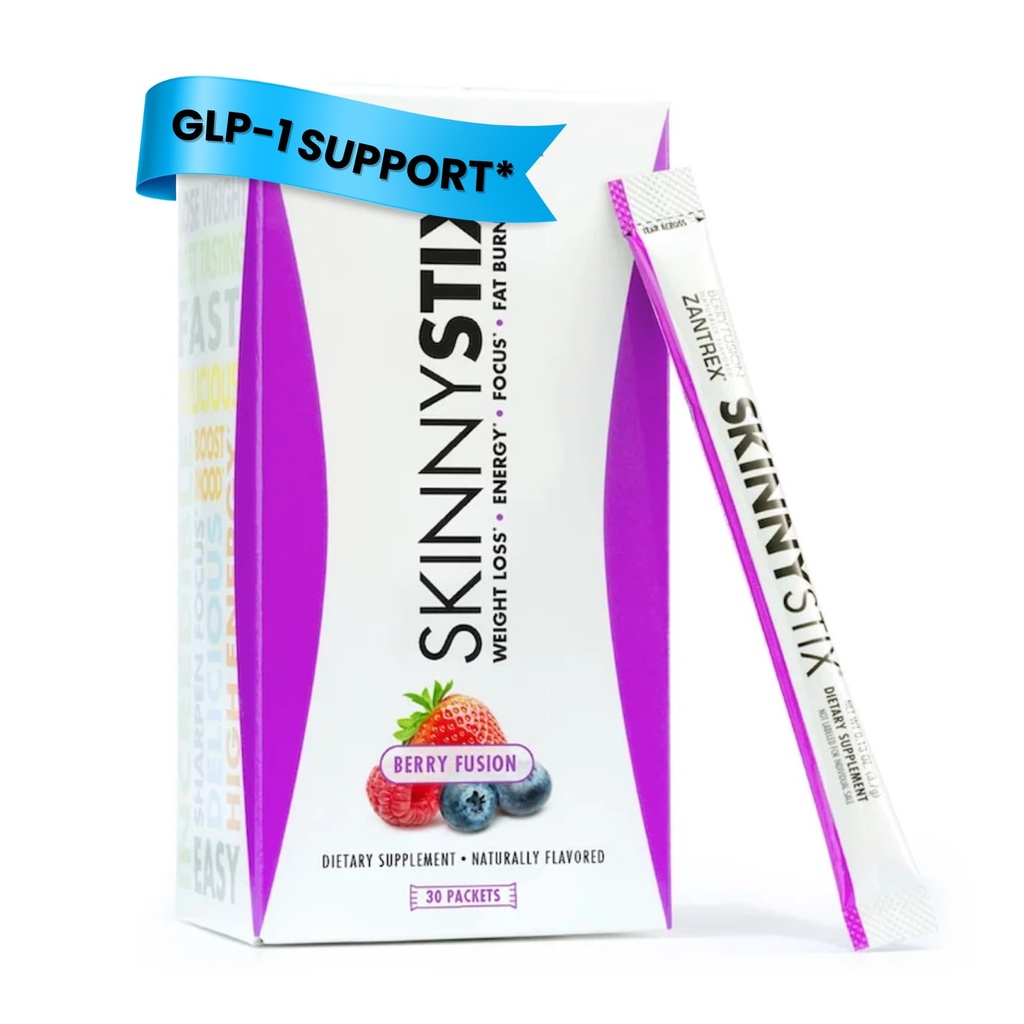 Zantrex SkinnyStix Energy Powder – Lose Weight, GLP-1, Appetite Suppressant, Boost Mood – 10 Calories – Yerba Mate, Coffee Bean – 30 Stix, Berry