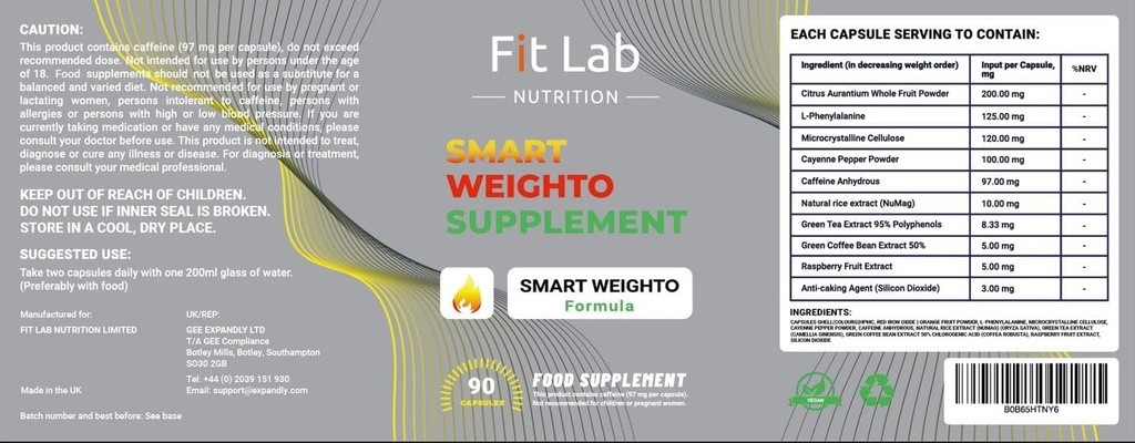 Fit Lab - Smart Weighto Management, Nahrungsergänzung - 90 Kapseln - Vegan, Halal und Vegetarische Ergänzungen für Frauen und Männer - 45 Tage Versorgung - Gym Essentials