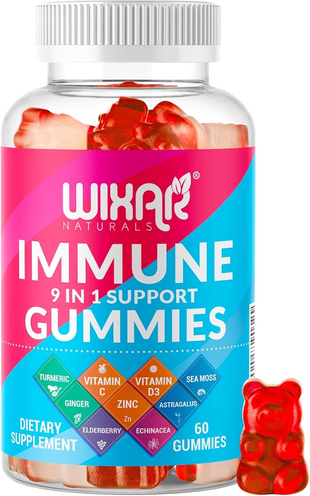 9 in 1 Immunstützgummis mit Elderberry, Vitamin C&D, Zink, Kurkuma, Ginger, Echinacea, Astragalus & Sea Moss für Immunitätsergänzung - 60 Gummi