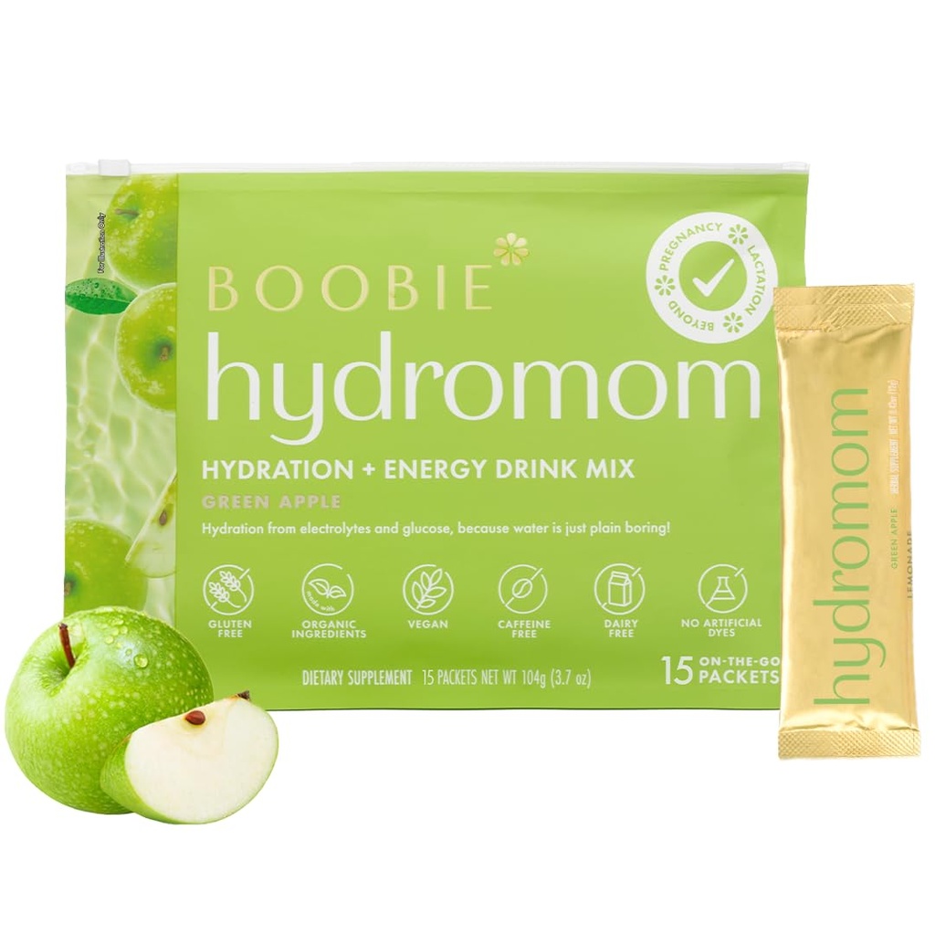 Boobie Hydromom Superfood Electrolyte Drink Mix, Green Apple | Refreshing Energy & Hydration Boost for Mamas | On-The-Go & Travel Essentials for Pregnancy, Lactation, &amp; Beyond, 15 Packets