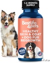 Supplément naturel de peau et de manteau pour chiens, grands et petits, anti démangeaisons pour la peau sèche, la ruche, l'allergie ou l'irritation, réduit la couverture, les pellicules et soutient la croissance des cheveux de chien, 400 petites pilules