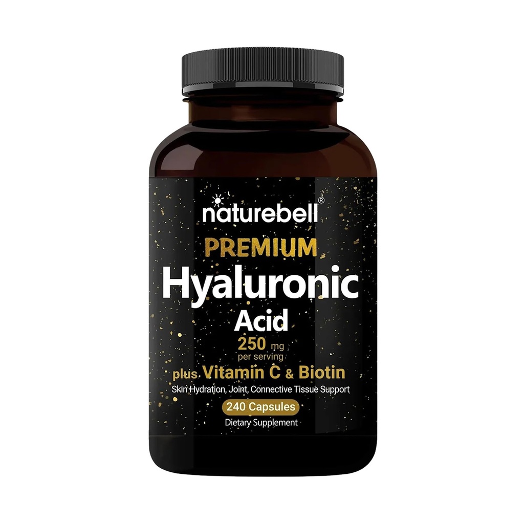 NatureBell Suppléments d'acide hyaluronique 250mg, 240 Capsules, avec Biotin 5000mcg et vitamine C 25mg, 3 en 1 Soutien
