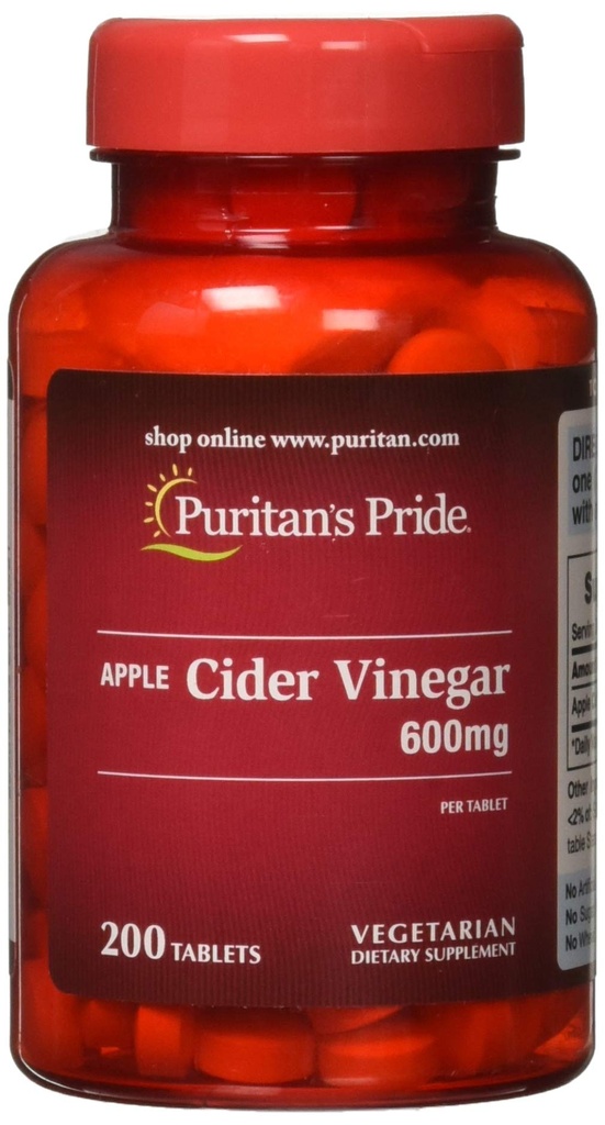 Puritan's Pride vinaigre de cidre de pomme 600 mg, supplément alimentaire végétarien, 6 mois d'approvisionnement, 200 comprimés (emballage mai vary)