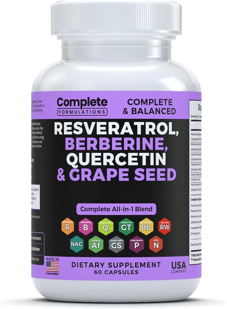 Supplément resvératrol avec Quercetin, Berberine, Extrait de graines de raisin et mélange de polyphénol pour la santé de la peau, le soutien immunitaire et le boost antioxydant