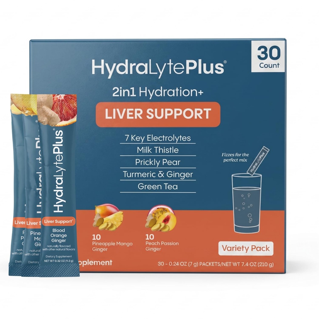 Hydralyte Liver-Unterstützung + Elektrolyt-Mischung mit Milchdistel, Turmeric, Ginger, Prickly Pear, Grüner Tee-Extrakt für schnelle Rehydrierung (Variety Flavor, 30 Packungen)