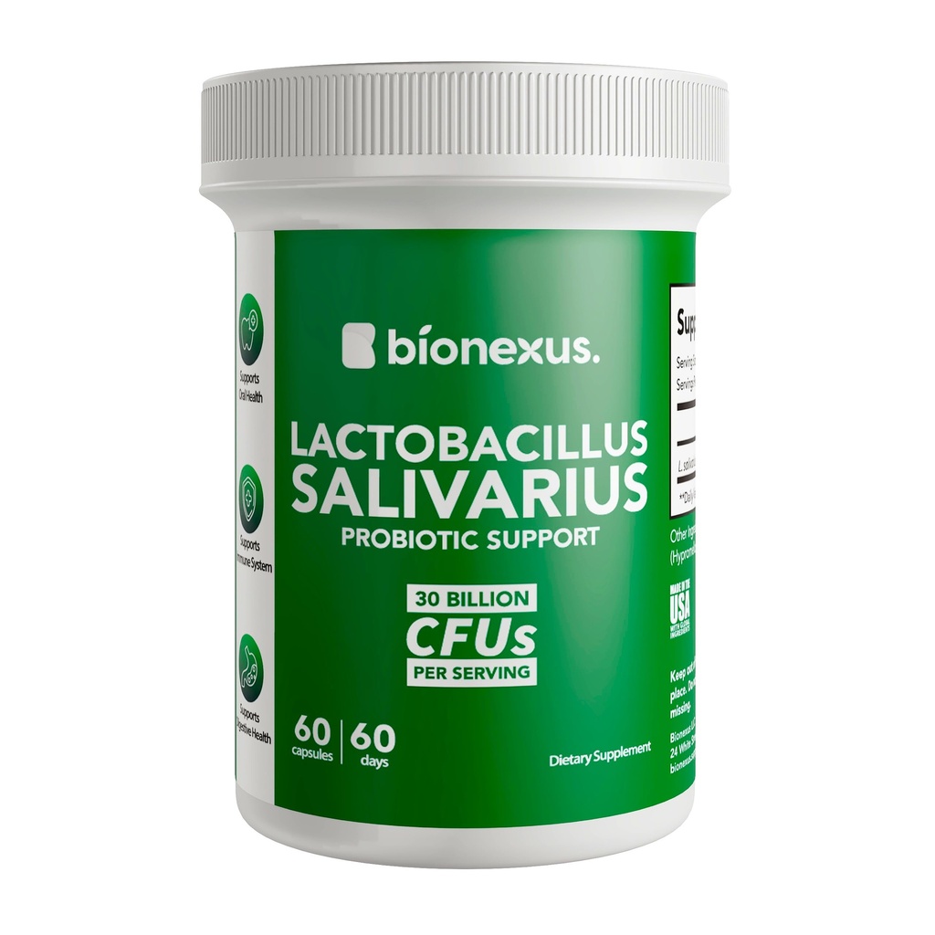 BionexusTM Lactobacillus Salivarius Dietary Supplement – 60-Count, 30 milliards de CFU Probiotiques oraux Soutien, bien-être oral et digestif, Immune Boost – Fabriqué aux États-Unis, Release Release DRcaps®
