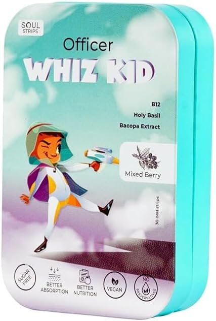 Soul Strips Officer Whiz Kid - Bacopa & Heilige Basil für Enhanced Brain Function Vitamin B12, Mixed Berry Flavor, Zero Sugar, Vegan, 30 Strips Pack