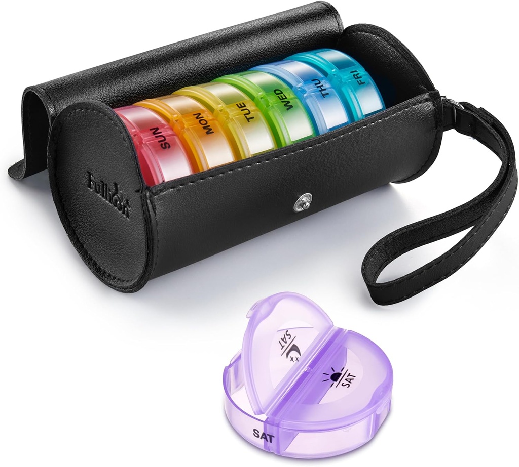 Fullicon PU Case Weekly Pill Box Organisateur 2 fois par jour, Voyagez 7 jours Pill Boxes, Portable Tablet Organisateur avec grands compartiments pour la médecine, les médicaments, la vitamine, suppléments (Noir/Rainbow)