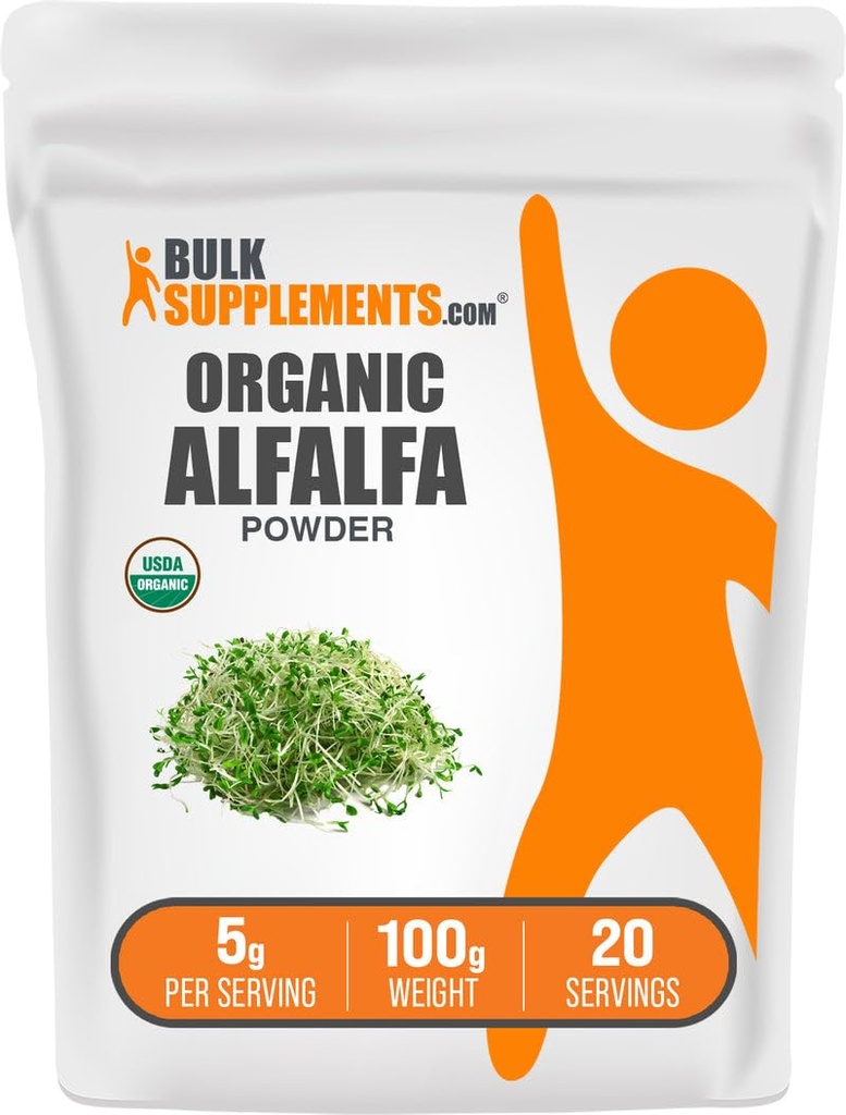 BulkSupplements.com Poudre de graminée d'alfalfa biologique - Supplément d'alfalfa, Poudre de superalimentation verte - Sans végétalien et sans gluten, 5g par portion, 100g (3.5 oz) (paquet de 1)