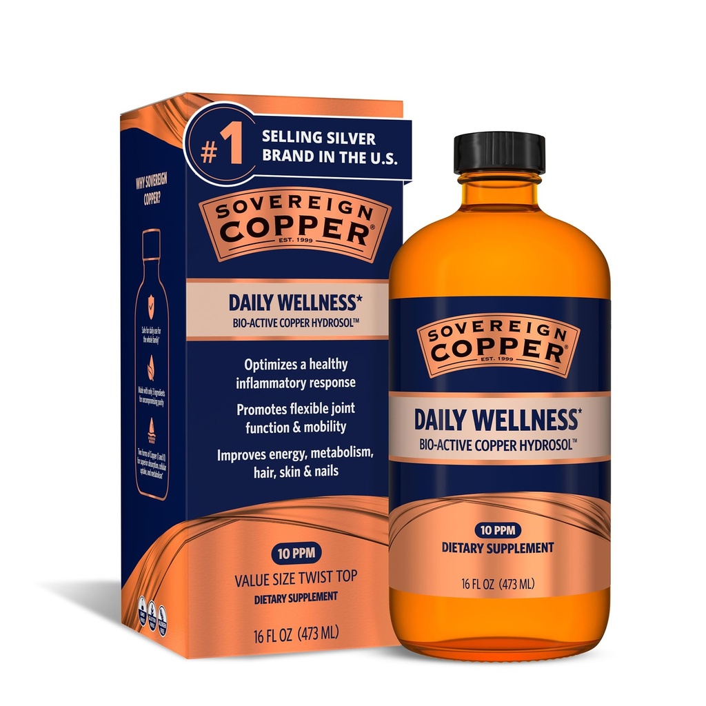 Sovereign Bio-Active Copper Hydrosol - Bioverfügbare kolloidale Kupferflüssigkeitsergänzung für Erwachsene und Kinder mit Silber Hydrosol für Immununterstützung, Haar, Haut und Nägel - 16 fl oz (473mL)