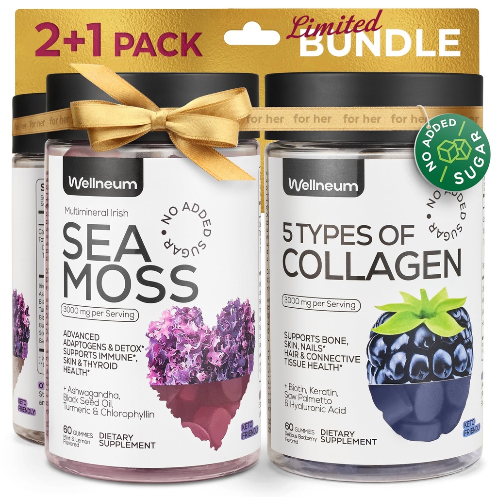 Collagen and Sea Moss Gummies Bundle - Collagen Peptides, Irish Sea Moss, Biotin, Keratin, Bladderwrack - Supplément Gummy pour l'immunité, la désintoxication, les cheveux sains, la peau et les ongles - pour les hommes et les femmes