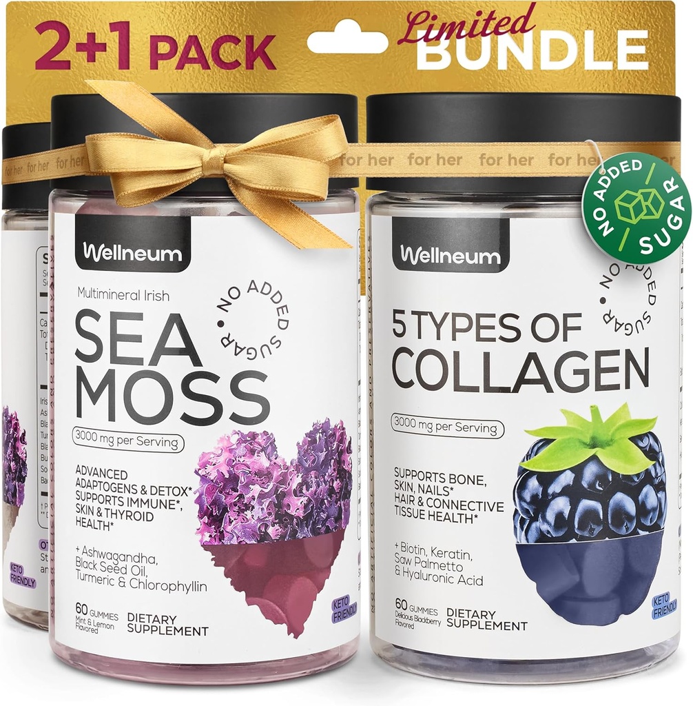 Collagen and Sea Moss Gummies Bundle - Collagen Peptides, Irish Sea Moss, Biotin, Keratin, Bladderwrack - Supplément Gummy pour l'immunité, la désintoxication, les cheveux sains, la peau et les ongles - pour les hommes et les femmes