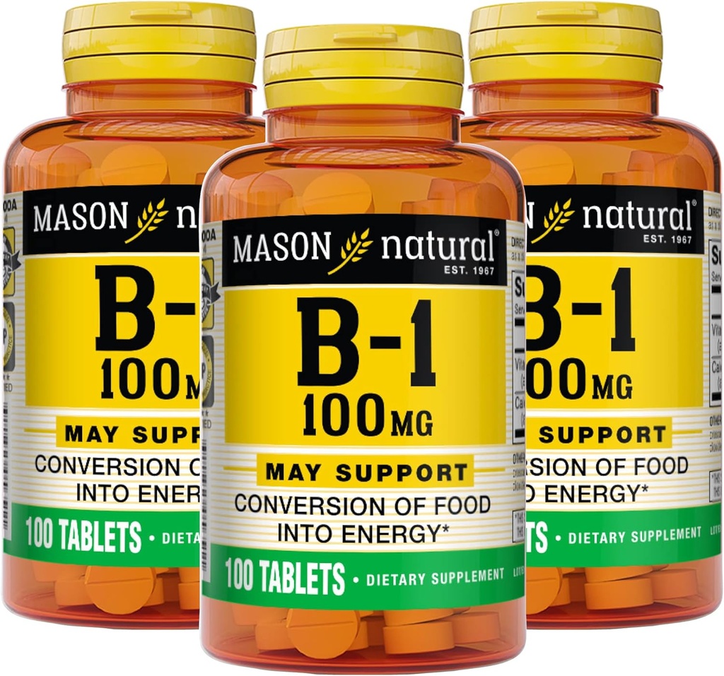 Mason Natural Vitamin B1 (Thiamin) 100 mg, Gesunde Umwandlung von Lebensmitteln in Energie, unterstützt Nerve und Immune Health, 100 Tabletten (Pack von 3)