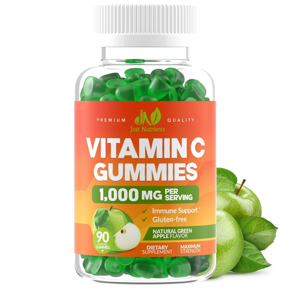 Vitamin C Gummis 1000mg für Erwachsene & Kinder - Maximale Stärke Kaubare Immununterstützung, Collagen-Unterstützung - Sour Green Apple Flavor - Glutenfrei, Non-GMO, Vegetarisch - 90 Gummis (30 Portionen)