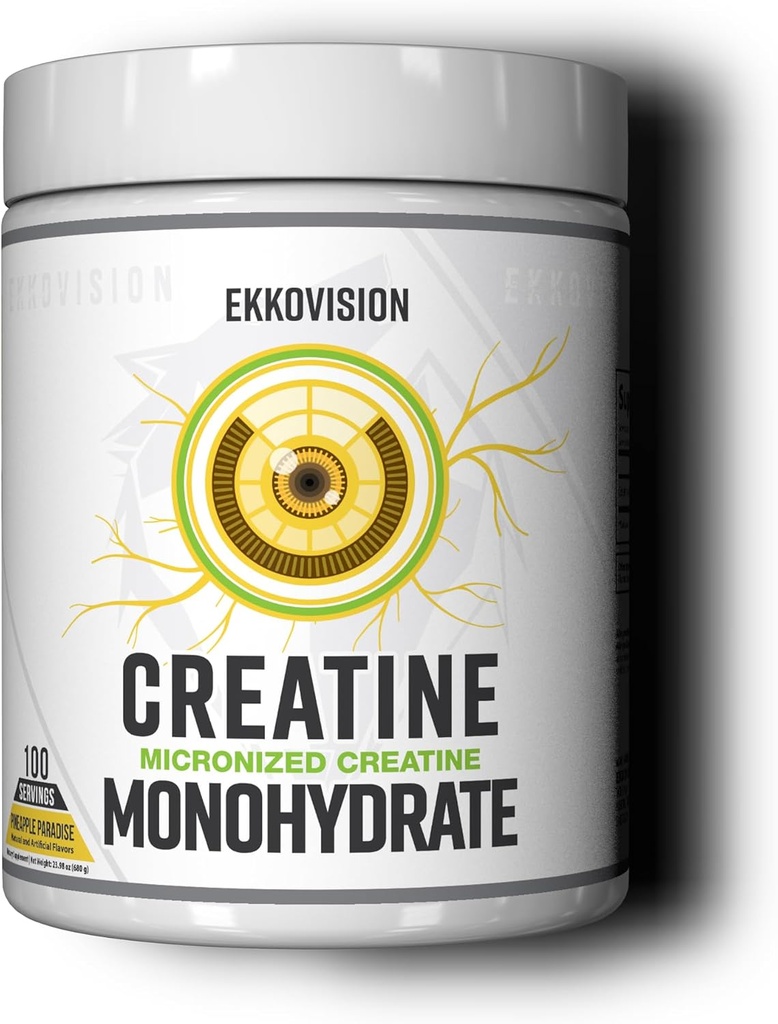 Ekkovision Kreatin Monohydrat-Pulver, Micronized, Ananas-Paradies, Pre Workout & Post Workout-Ergänzung für Männer und Frauen, Energie-Unterstützung, einfach in Shakes, Smoothies & Getränke, 100 Srvgs zu mischen