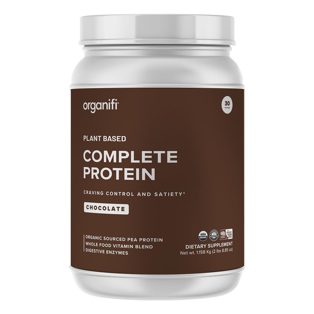 Organifi Complete Protein Chocolate Flavor - Poudre végétale végétale à base de protéines avec enzymes digestives - 30 jours d'approvisionnement - Pas de soja, de lait ou de gluten
