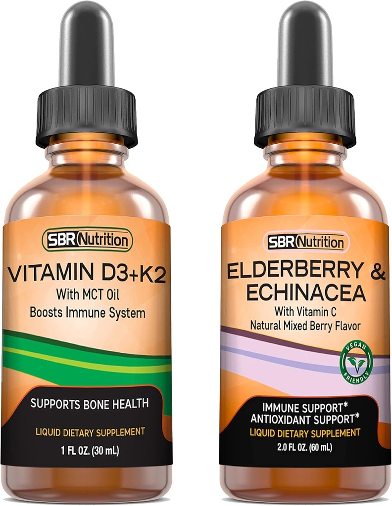 SBR Nutrition D3+K2 und Elderberry Bundle Vitamin D3K2 (MK7) Flüssige Tropfen, Pfefferminz, 1oz | Elderberry & Echinacea & Vitamin C Flüssigkeitstropfen, 2oz | Erwachsene & Kinder | Non-GMO, Glutenfrei