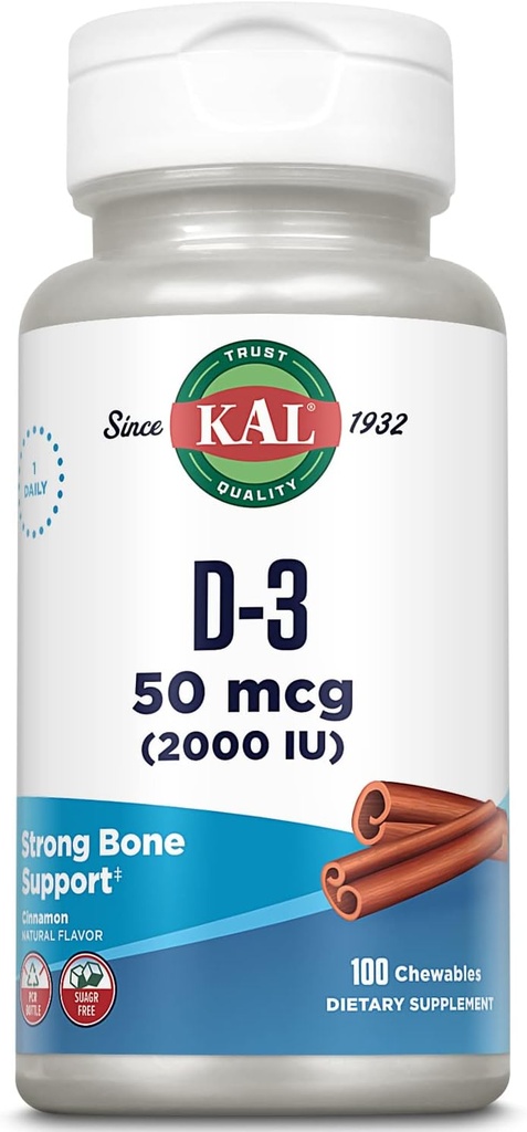 KAL Vitamin D3 Chewables 50 mcg, Vitamin D 2000 IU als Cholecalciferol, Sugar Free, Natürliche Cinnamon Flavor D3 Vitamin, Immununterstützung & Knochengesundheit, 100 Servietten, 100 Chewables