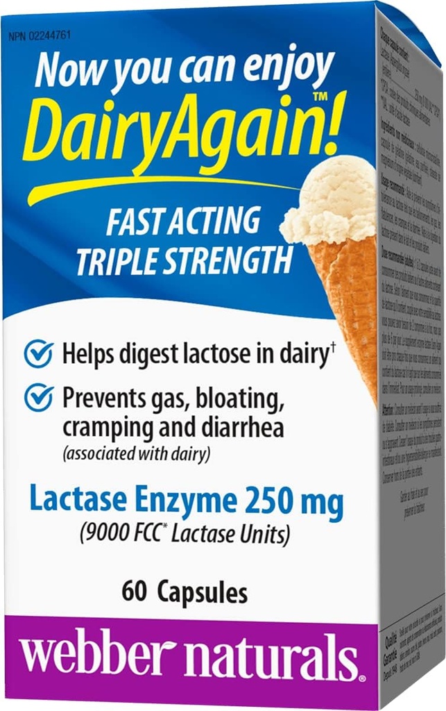 Webber Naturals Laiterie à nouveau 250mg Lactase Enzyme Triple Strength, 60 Capsules