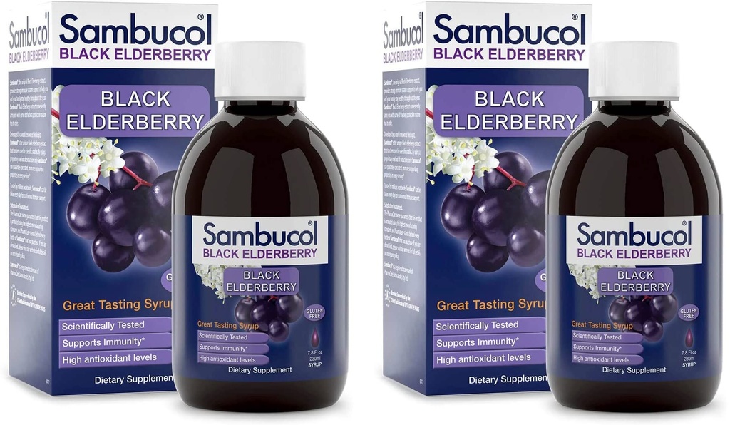 Sambucol Black Elderberry Sirop - Sambucus Elderberry Sirop, Black Elderberry Liquid, Immune Support, antioxydants élevés, sans gluten - formule originale, 7,8 Fl Oz (paquet de 2)