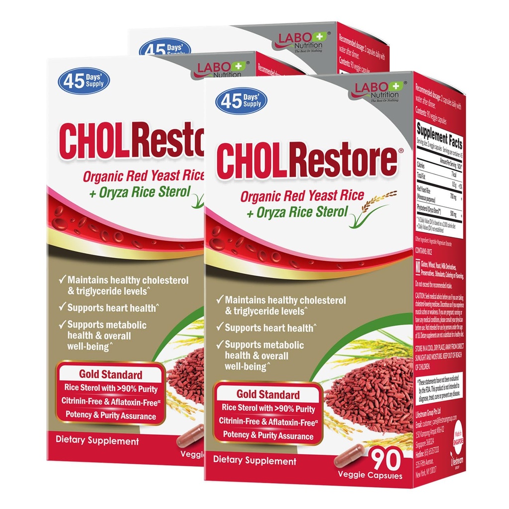 LABO Nutrition CHOLRestore – Red Yeast Rice mit Phytosterol Health Supplement, Unterstützt gesunde Cholesterol Levels, Citrinin & Aflatoxin Free, 90 Vege Capsules 3x3