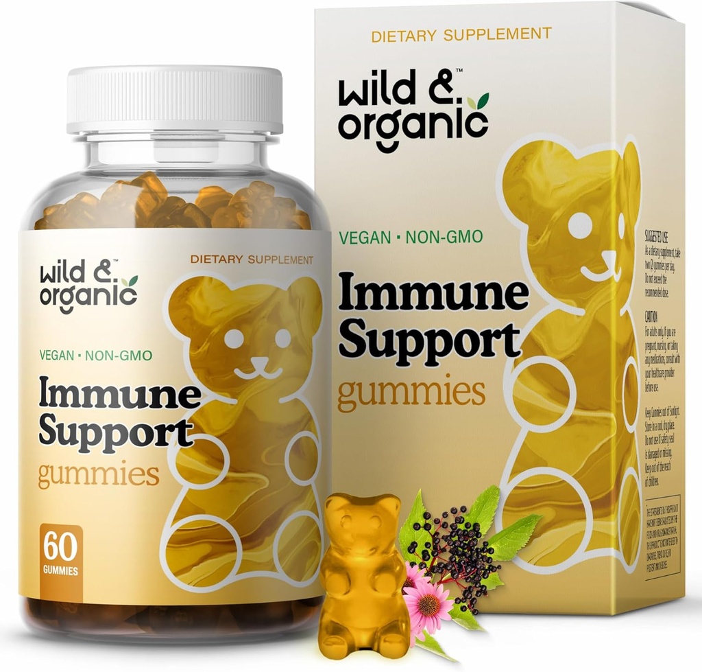 Wild & Organic Immune Support Gummis - Elderberry 1000mg & Vitamin C 500mg - Natürliche Immununterstützungsergänzung - Vegan Immunität Gummis mit Vitamin C D Zink - 60 Count