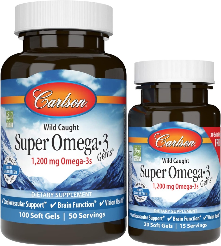 Carlson - Super Omega-3 Gems, 1200 mg Omega-3 Fettsäuren mit EPA und DHA, Wild-Caught Norwegian Fish Oil Omega 3 Supplement, Sustainable Sourced Omega 3 Fish Oil, 100+30 Softgels